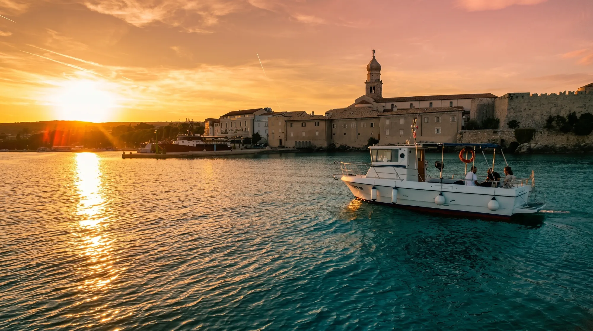 Nostromo boat at golden hour near Krk harbour